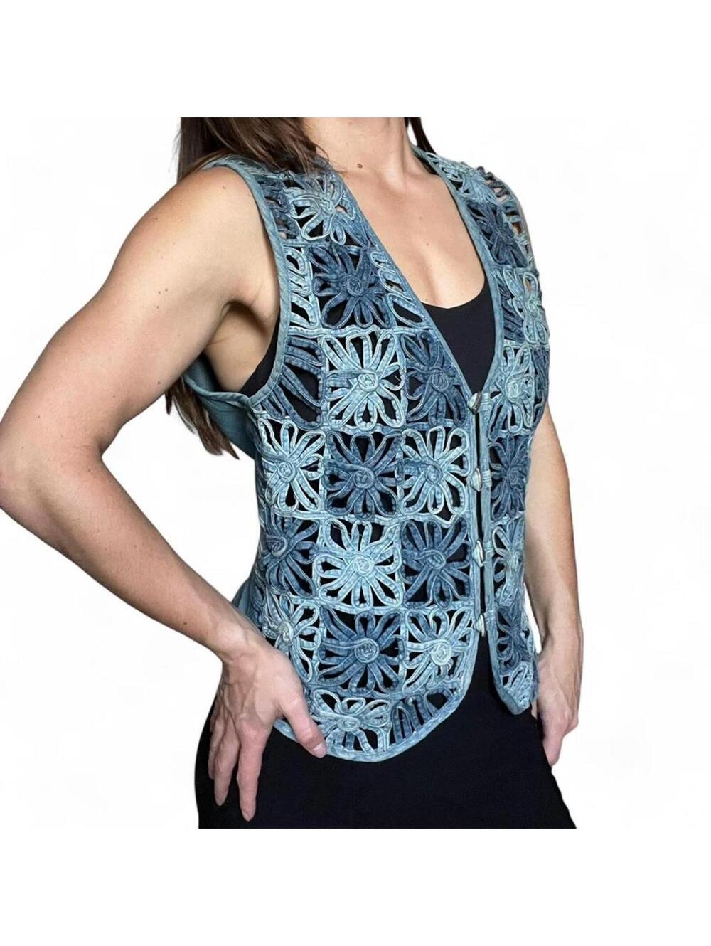 Life Style Denim Flower Vest with Tie Cinching Back
